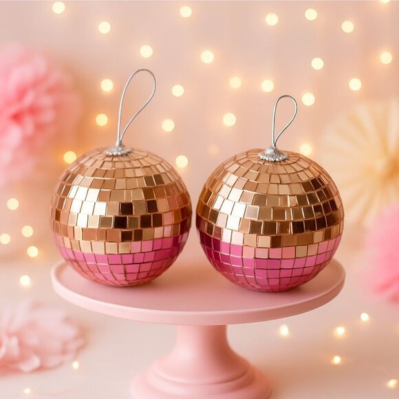 Set Of 2 Disco Ball Christmas Ornaments 8 Inch Ombre Pink Hanging New Years Eve - Picture 11 of 11